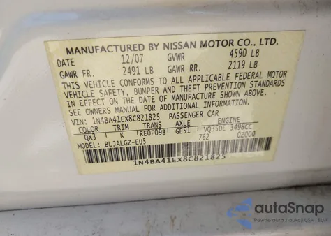 2008 Nissan Maxima 3.5 Sl из США, поврежденный, VIN 1N4BA41EX8C821825